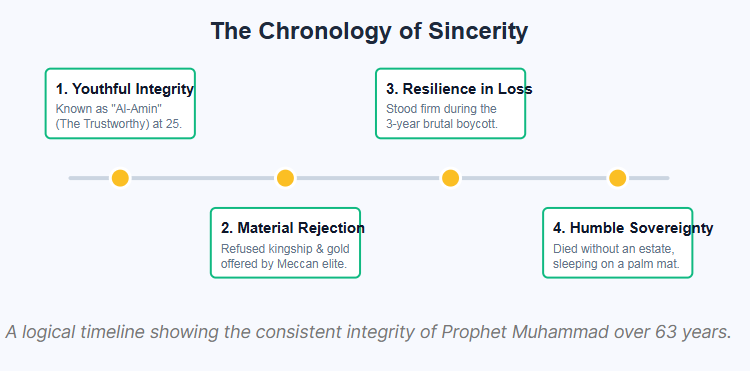 A logical timeline showing the consistent integrity of Prophet Muhammad over 63 years.